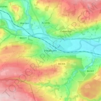 Hexham topographic map, elevation, terrain