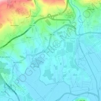 Santo Antão do Tojal topographic map, elevation, terrain
