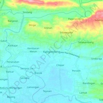 Kaligondang topographic map, elevation, terrain