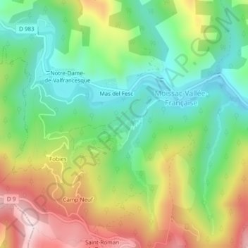 Moissac topographic map, elevation, terrain