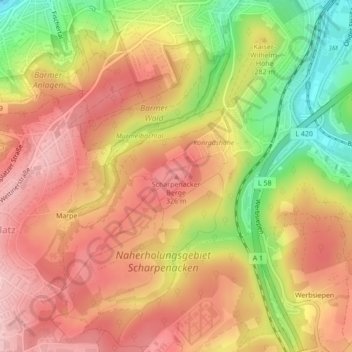 Scharpenacker Berge topographic map, elevation, terrain