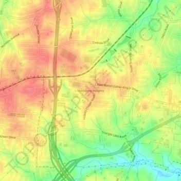 Melborne Heights topographic map, elevation, terrain