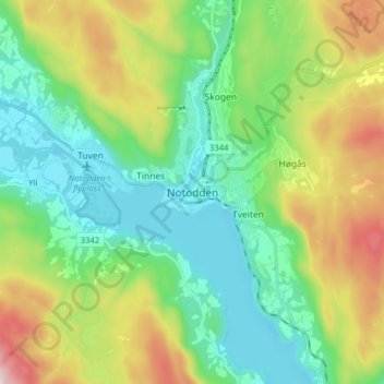 Notodden topographic map, elevation, terrain