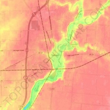 Sidney topographic map, elevation, terrain