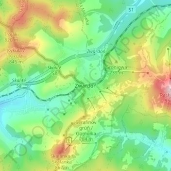 Zwardoń topographic map, elevation, terrain