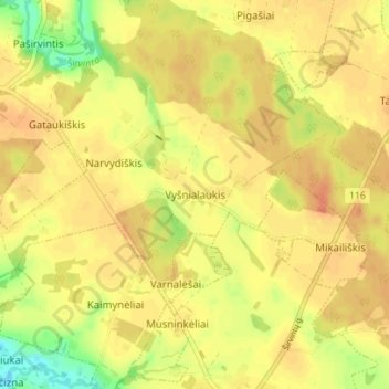 Vyšnialaukis topographic map, elevation, terrain