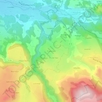Prunet Bas topographic map, elevation, terrain