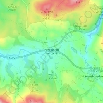 Newbiggin on Lune topographic map, elevation, terrain
