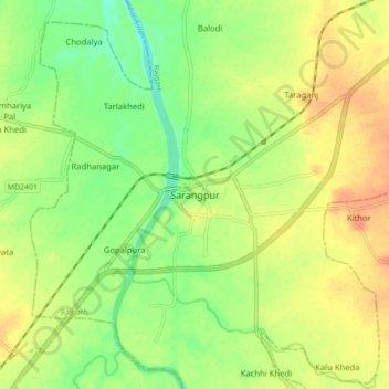 Sarangpur topographic map, elevation, terrain