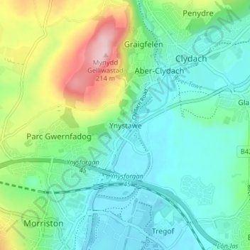 Ynystawe topographic map, elevation, terrain