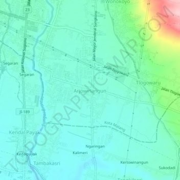 Arjowinangun topographic map, elevation, terrain