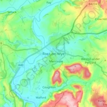 Ross-on-Wye topographic map, elevation, terrain