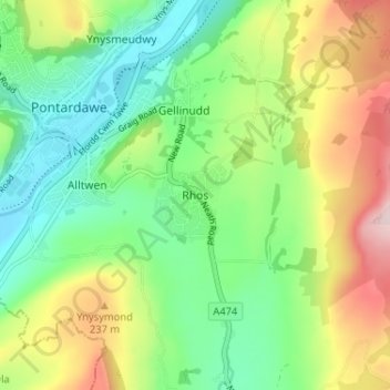 Rhos topographic map, elevation, terrain