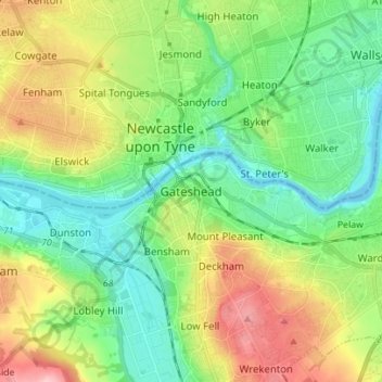 Gateshead topographic map, elevation, terrain