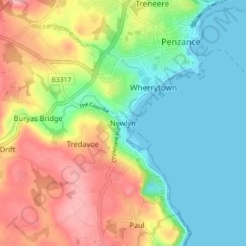 Newlyn topographic map, elevation, terrain