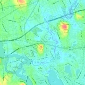 Framingham Center topographic map, elevation, terrain