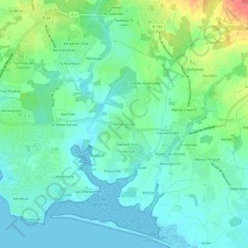 Menez Groas topographic map, elevation, terrain