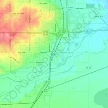 Evans topographic map, elevation, terrain