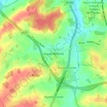 South Mimms topographic map, elevation, terrain