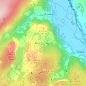 Llanrhychwyn topographic map, elevation, terrain