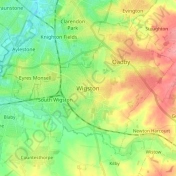 Wigston topographic map, elevation, terrain