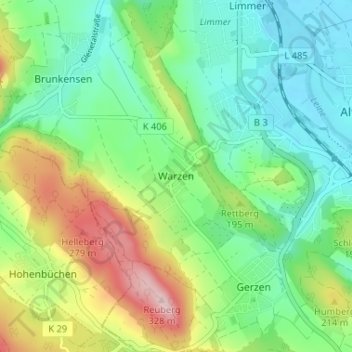Warzen topographic map, elevation, terrain