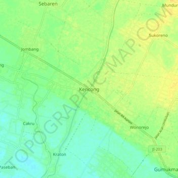 Kencong topographic map, elevation, terrain