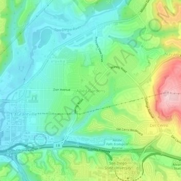 Allied Gardens topographic map, elevation, terrain