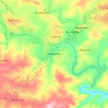 Phakamisa topographic map, elevation, terrain