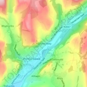 Ynysmeudwy topographic map, elevation, terrain