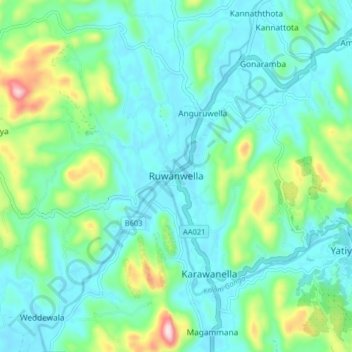 Ruwanwella topographic map, elevation, terrain