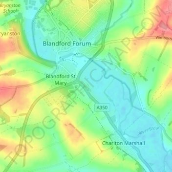 Lower Blandford St Mary topographic map, elevation, terrain