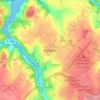 Ploujean topographic map, elevation, terrain
