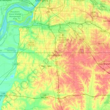 Southaven topographic map, elevation, terrain