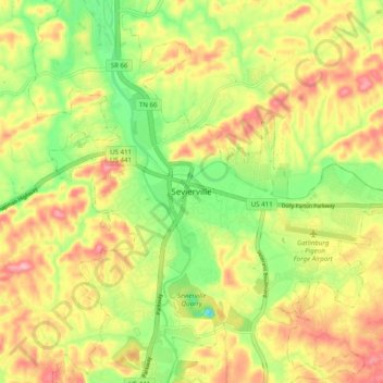 Sevierville topographic map, elevation, terrain
