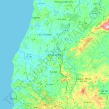 Torres Vedras topographic map, elevation, terrain