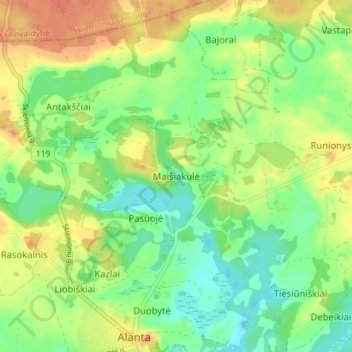 Maišiakulė topographic map, elevation, terrain