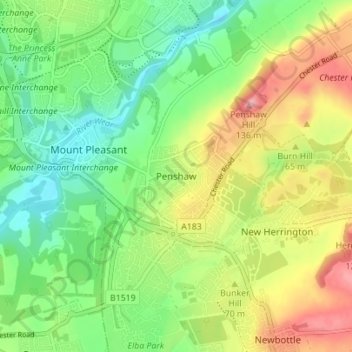 Penshaw topographic map, elevation, terrain