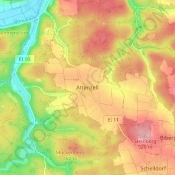 Attenzell topographic map, elevation, terrain