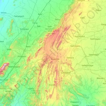 Udaipur topographic map, elevation, terrain