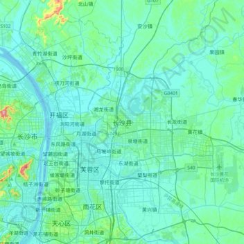 长沙县 topographic map, elevation, terrain