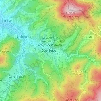 Oberbeuern topographic map, elevation, terrain