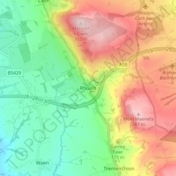 Rhuallt topographic map, elevation, terrain