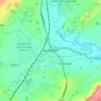 Woofferton topographic map, elevation, terrain