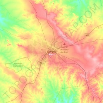 Gweru topographic map, elevation, terrain