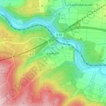 Laubach topographic map, elevation, terrain