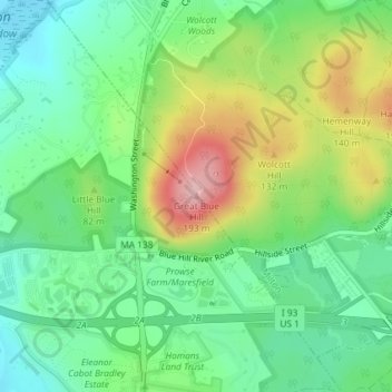 Great Blue Hill topographic map, elevation, terrain
