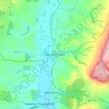 Tipton St John topographic map, elevation, terrain