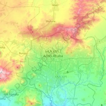 Addis-Abeba topographic map, elevation, terrain