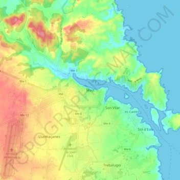 Mahón topographic map, elevation, terrain